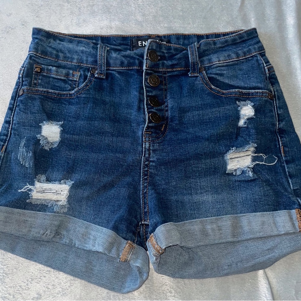 ENZOE High-Rise Distressed Dark Blue Denim Shorts